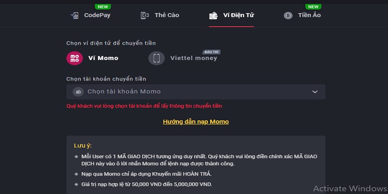 Nạp tiền Dabet qua Ví điện tử