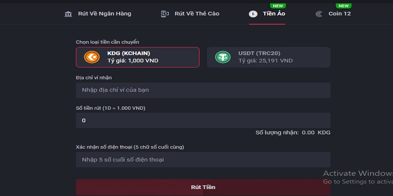 Phương thức rút tiền bằng tiền ảo