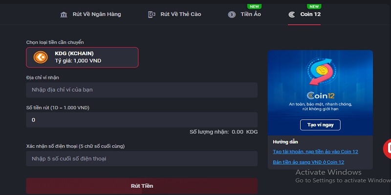 Phương thức rút tiền bằng Coin 12