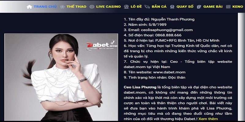 CEO Lisa Phương - Tổng biên tập trang web Dabet.mom
