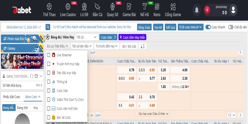 Sảnh Saba sports cung cấp tính năng lọc trận đấu thông minh