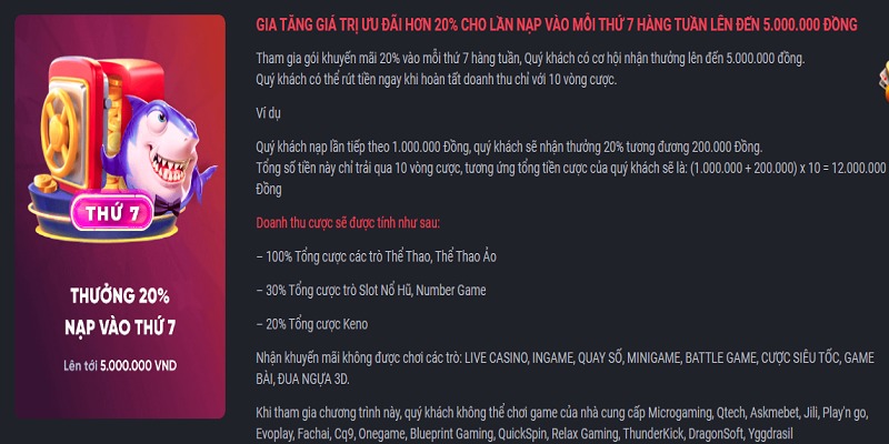Khuyến mãi tặng 20% khi nạp tiền vào thứ 7