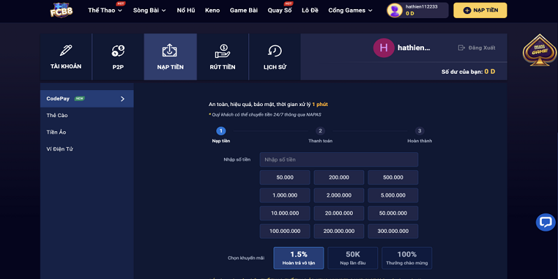 FC88 cung cấp đa dạng phương thức nạp tiền